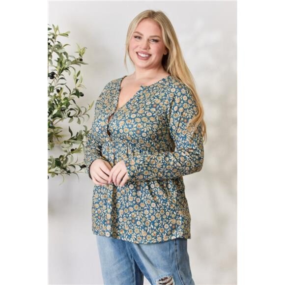 Heimish Full Size Floral Half Button Long Sleeve Blouse - Picture 7 of 10